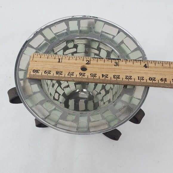 MOSAIC GLASS VOTIVE TEA LIGHT CANDLE HOLDER WITH BROWN METAL STAND - Picture 10 of 11